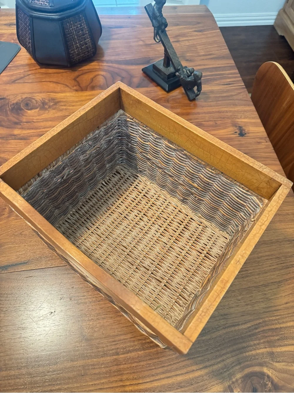 Rustic Woven Basket with Wooden Frame 11"x9"x7.5" Vintage Charm for Home - Picture 11 of 14